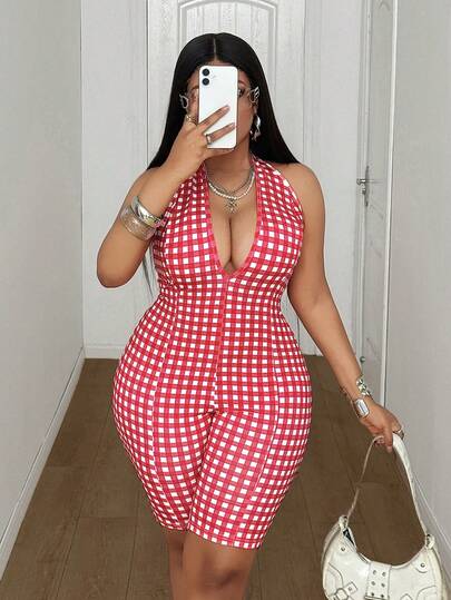 Maweii Sexy Karierter Rückenfreier Träger Bodysuit in Große Größen, Sommerkleidung, Sommertop, Sommeroutfit, Sommerurlaubs-Kleidung, Damen Sommermode, Frühling, Frühlingskleidung, Frühlings-Damenbekleidung, Frühlings-Damenbekleidung, Damen Urlaubskleidung, Damen Urlaubskleidung, Sommerferienkleidung, Damen Urlaubskleidung, Feiertage, Feiertagskleidung, Karierter kurzer Romper, Karierter Playsuit, Karierter kurzer Romper, Karierter Romper