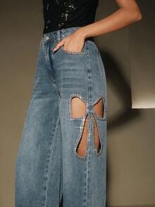 Anewsta Celana Jeans Biru Model Lurus dengan Hiasan Pita dan Motif Berlian Berongga untuk Wanita di Musim Panas - Biru - View 3