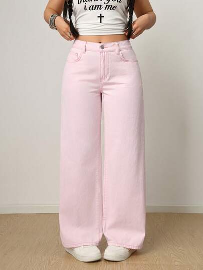  Calça jeans feminina SHEIN PETITE, corte reto e slim, azul. Ideal para looks de verão, shows, streetwear, calças folgadas, estilo country, raves e festivais, shows country, looks country, calças fluidas, baladas e Coachella.