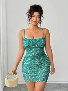 Elenzga Rochie mini elegantă, casual, cu imprimeu floral și bretele spaghete, pentru femei, mărime plus, potrivită pentru vacanțe la țară, vacanțe la plajă și purtare zilnică - Verde - Vizualizare 5