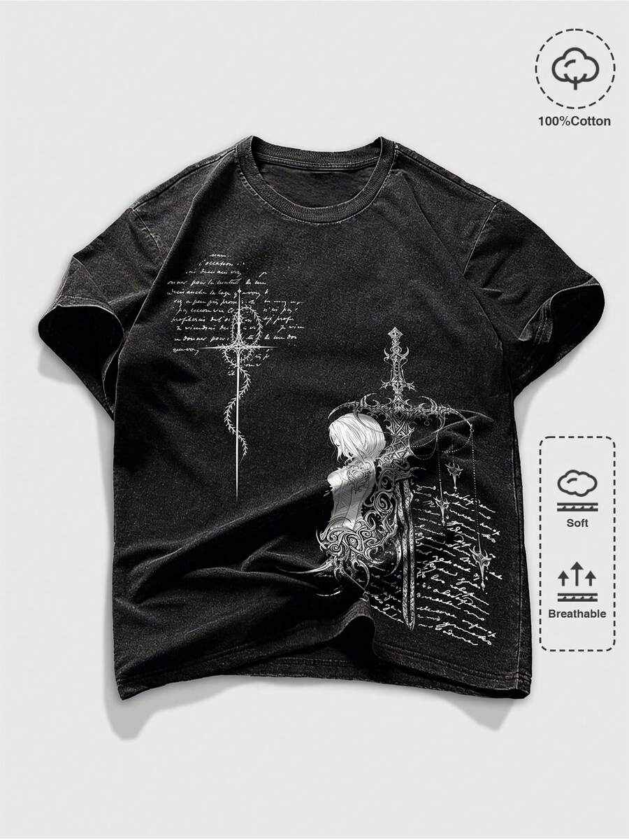 ROMWE MEN Goth Kaos Lengan Pendek Kasual Pria Motif Kepingan Salju untuk Musim Panas - Hitam - View 1