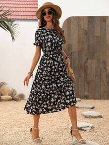 SHEIN Clasi 女士时尚修身印花短袖长连衣裙 Maxi 女装 - 黑色 - 查看 4