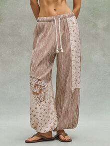 SHEIN BohoFeels Women's Casual Woven Patchwork Loose Drawstring Ankle Pants - Brown - View 2