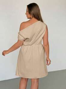Auralis Vestido asimétrico de hombro casual minimalista de unicolor talla grande - Albaricoque - Ver 3