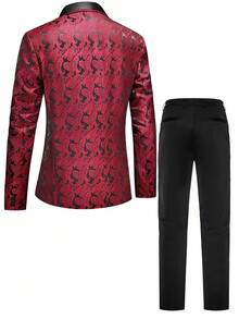 Calvornis Men's Full Print Single-Breasted Jacket And Pants Casual Suit Set,Black,Autumn,Elegant,Formal,Wedding Guest,Old Money,Long Sleeve Ceremony Outfit - Burgundy - View 2
