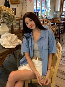 DAZY 女款純色休閒韓風丹寧襯衫，附領子 - 藍色 - 查看 2