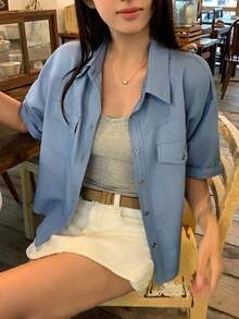 DAZY 女款純色休閒韓風丹寧襯衫，附領子 - 藍色 - 查看 6