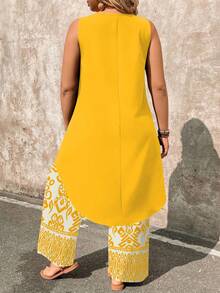 EMERY ROSE Plus Size 2 Pieces Set: Paisley Print Sleeveless Top And Wide Leg Pants Fall - Yellow - View 2