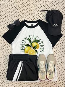 Attitoon Áo thun nữ dáng ôm vừa vặn, cổ tròn, tay raglan, in chữ hình quả chanh theo phong cách retro tối giản, thích hợp cho mùa hè. - Đen và trắng - Xem 7