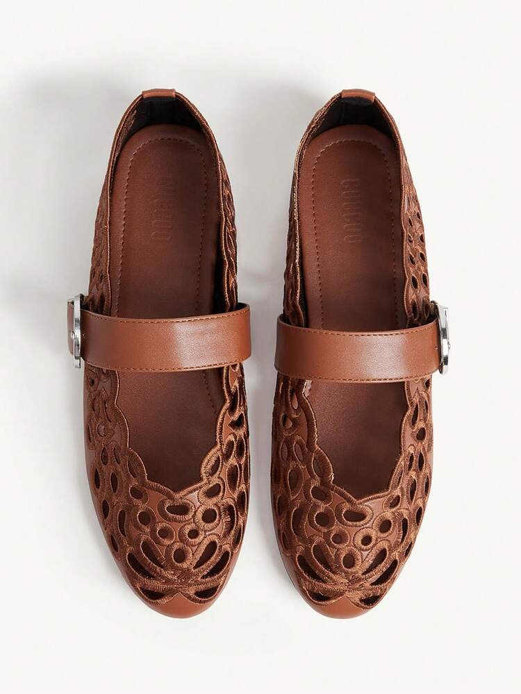CUCCOO CHICEST Women's Hollow Embroidery, Buckle, Comfortable Flat Shoes