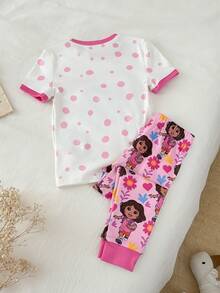 DORA | SHEIN Young Girls Snug Fit Pajama Set, T-Shirt & Pants, DORA - Pink - View 2