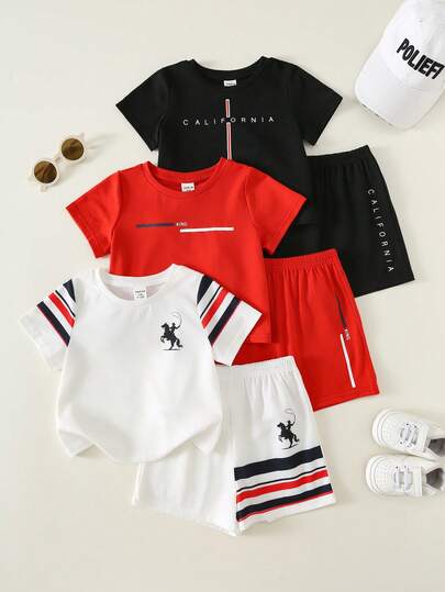 SHEIN 6pcs/Set Baby Boy Summer Casual Cute Versatile Knit Printed Pattern Short Sleeve T-Shirt & Elastic Waist Shorts Set, Summer Outfit, All-Match Multi-Piece Set, Baby Boy Suit