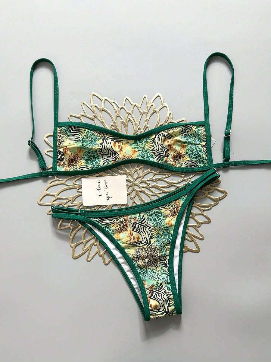 Swim Vcay Bộ đồ bơi nữ mới, hàng mới về cho kỳ nghỉ hè, bộ bikini hai mảnh phối hợp hoàn hảo cho bãi biển, họa tiết da báo xanh lá cây, viền màu tương phản, áo và quần có thể điều chỉnh, thiết kế hở lưng, đồ dùng cần thiết thoải mái cho bãi biển. - màu xanh lá - Xem 1