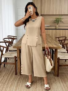 SHEIN LUNE Plus Size Women's Solid Color Round Neck Spring/Summer Button Decorated Vest And Capri Pants Casual Vacation 2-Piece Set - Khaki - View 6