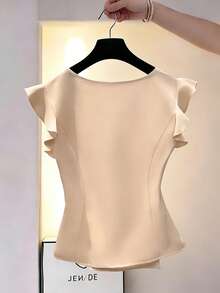 SHEIN LUNE Women's Elegant Apricot Summer Blouse,Asymmetric Hem Ruffle Sleeve Office Top,Casual Vacation Wear,Daily Commute,Valentine's Day,Beach Party,Holiday - Khaki - View 2