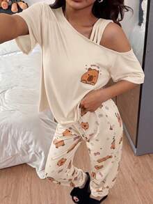 Napfluff Conjunto de pijama con estampado de animales de dibujos animados, de manga corta y hombro asimétrico - Multicolor - Ver 6