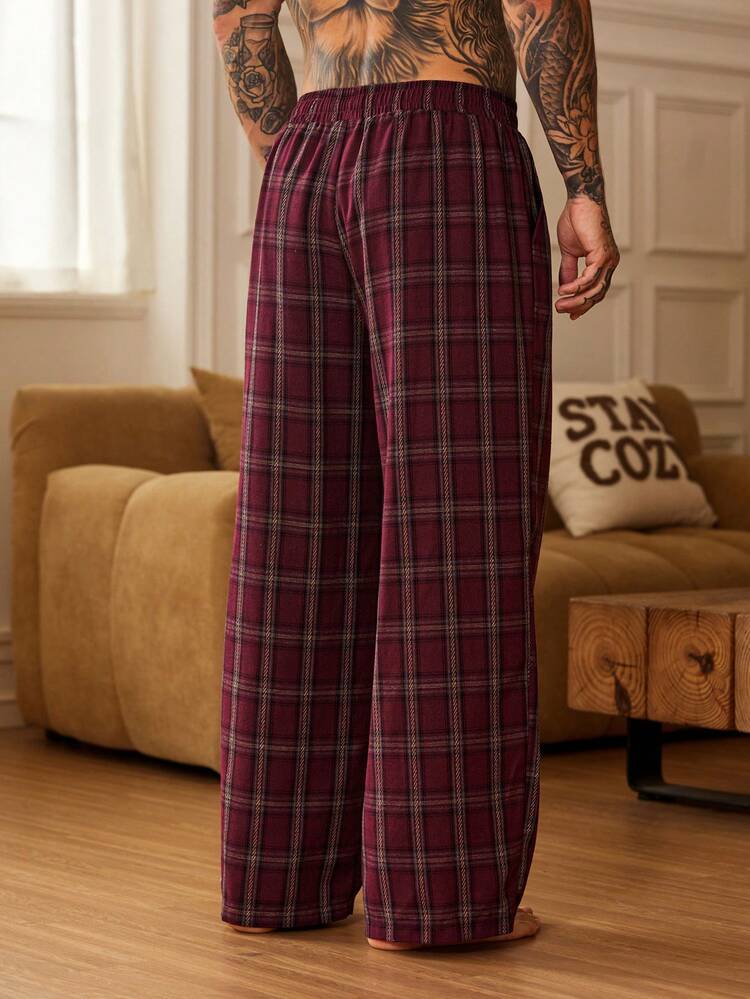 Long Plaid Loose Elastic Waist Design Burgundy Men's Loungewear Bottoms