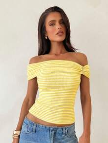 Aloruh Women's Solid Color Off-Shoulder Knit T-Shirt Top,Summer Top - Light Yellow - View 6
