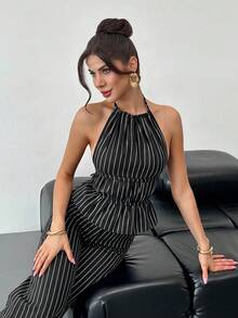 Firerie 女士优雅休闲时尚度假性感音乐节派对新款条纹露背吊带背心和高腰长裤棕色两件套 - 深灰色 - 查看 9