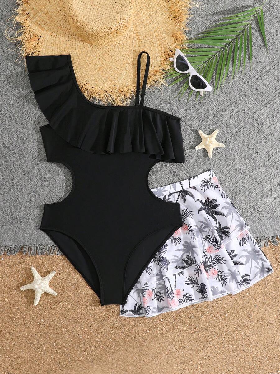 SHEIN 少女纯色荷叶边不对称领口连体泳衣，带印花裙摆两件套