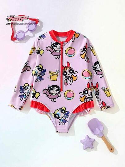 THE POWERPUFF GIRLS X SHEIN Maija Kids Bộ đồ bơi liền thân dài tay in hình hoạt hình dành cho bé gái, thích hợp cho kỳ nghỉ biển, tiệc bể bơi, tiệc bãi biển.