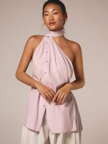 COSMINA Four Seasons Spring Summer Women's Elegant Halter Neck Sleeveless Long Vest, Versatile Commute Office Daily Wear With Back Waist Tie Adjustment - Mauve Purple - View 4