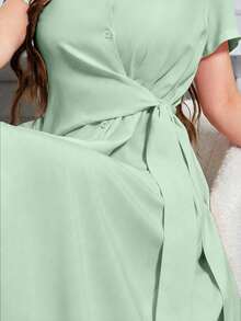 Modelyn Summer Solid Color Cross Wrap V-Neck Short Sleeve Dress With Front Buttons Maxi Women Outfit Teachers' Day Office Mint Green Elegant Smart Casual - Green - View 6