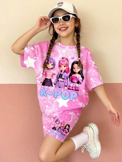 Bộ 2 món in họa tiết sao, kiểu hoạt hình K-Pop, áo thun cổ tròn tay ngắn và quần short đạp xe thoải mái cho bé gái tuổi teen, thích hợp mặc hàng ngày vào mùa xuân/hè, đi chơi, nghỉ mát, đến trường, chơi thể thao, họp mặt.