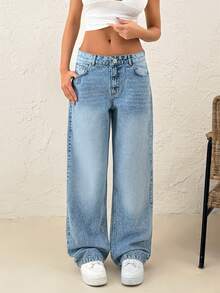 SHEIN Low Waist Embroidery Detailed Straight Jean - Light Wash - View 4
