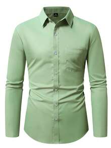 Manfinity Mode Camisa de manga larga de unicolor casual de negocios para hombres - Verde - Ver 3