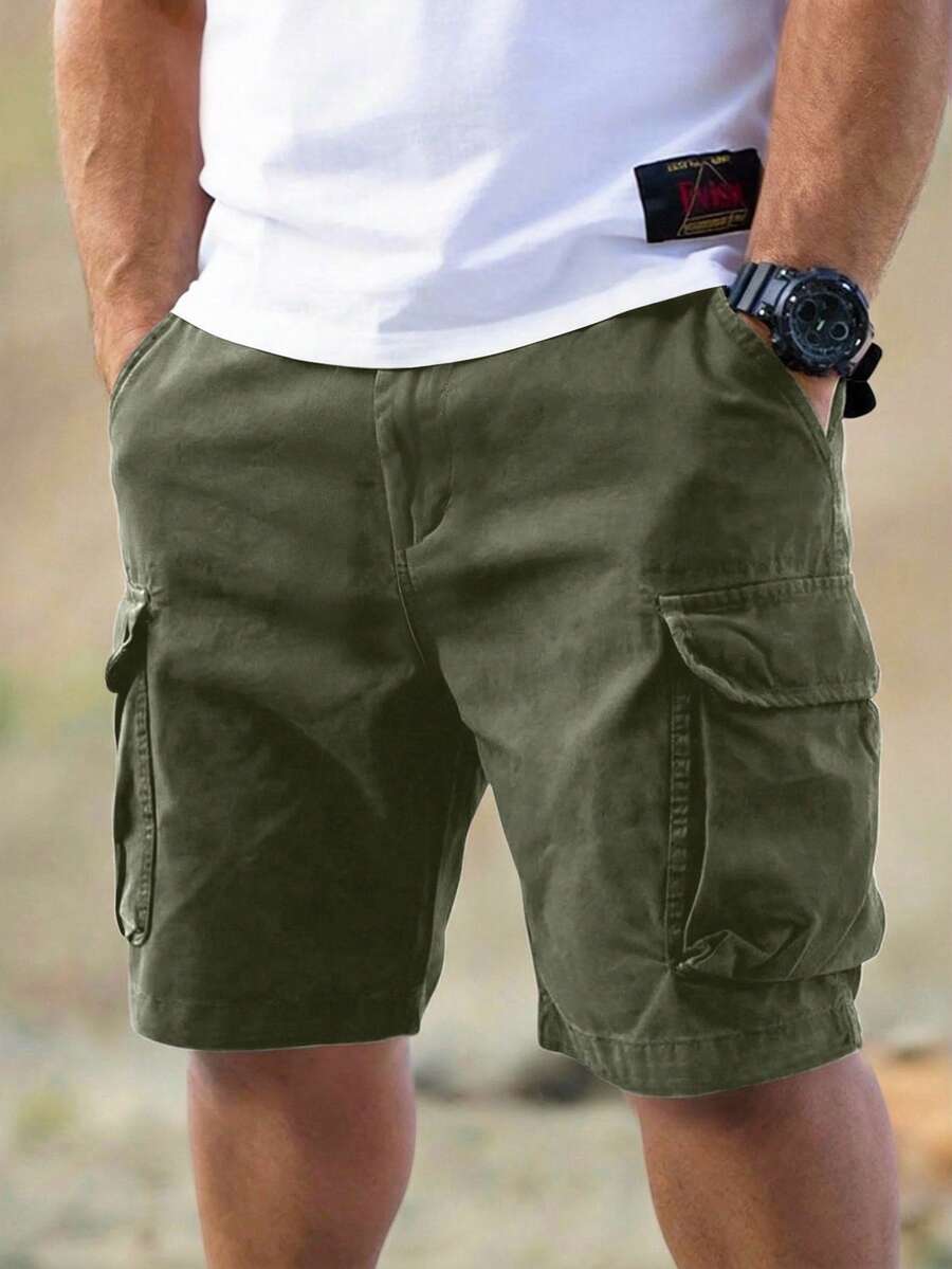 Manfinity Homme Celana Pendek Kargo Pria Ukuran Besar untuk Musim Panas, Longgar, dengan Kantong Samping dan Penutup, Cocok untuk Liburan. - Hijau Tentara - View 1