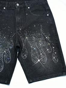 Manfinity Denimwave 男士街头风火焰水钻水洗黑色直筒牛仔短裤 - 黑色 - 查看 5
