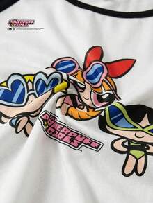 THE POWERPUFF GIRLS X SHEIN Maija Kids 1件少女休闲卡通图案撞色插肩袖T恤，适合夏季穿着 - 彩色 - 查看 7