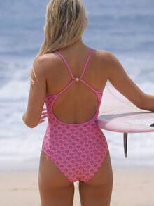 SHEIN Swim SPRTY Swim SPRTY 女士夏季新款随机印花连体泳衣，露背设计，撞色装饰，适合海滩、度假和运动。露背泳衣，动物纹泳衣，连体泳衣 - 粉色 - 查看 1