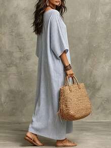 SHEIN Holidaya 女士休闲优雅条纹亚麻棉连衣裙，适合度假穿着 - 藍白色 - 查看 2