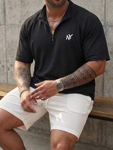 DAZY Plus Size Men's Short Sleeve Letter Embroidered Half-Zip Black T-Shirt Summer - Black - View 3