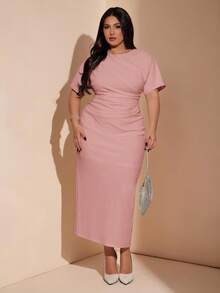 SHEIN BAE 大码女式纯色褶皱露背开衩性感连衣裙 - 粉色 - 查看 3