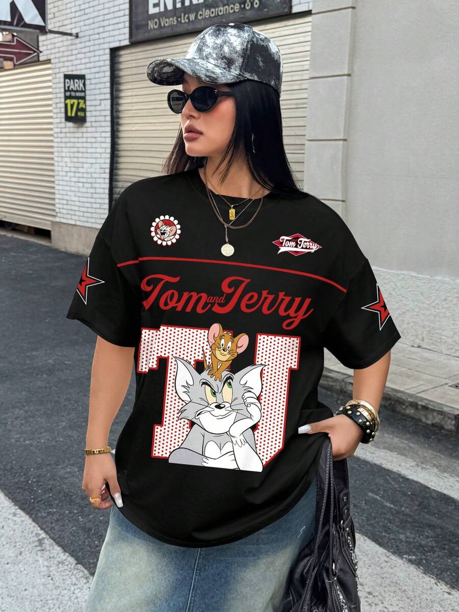 TOM & JERRY X SHEIN Áo thun tay ngắn cỡ lớn in chữ hoạt hình - trắng - Xem 1