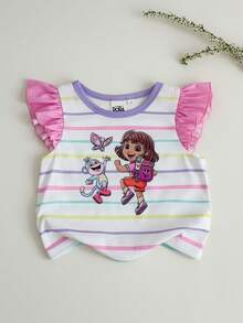 DORA | SHEIN Áo thun bé gái cổ tròn tay ngắn bèo nhún họa tiết kẻ sọc dễ thương, DORA - trắng - Xem 1
