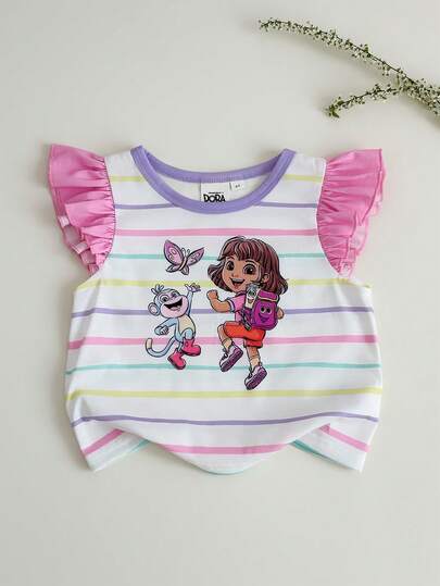 DORA | SHEIN Young Girls Round Neck Cap Sleeve Ruffle Trim Striped Cute Print T-Shirt, DORA
