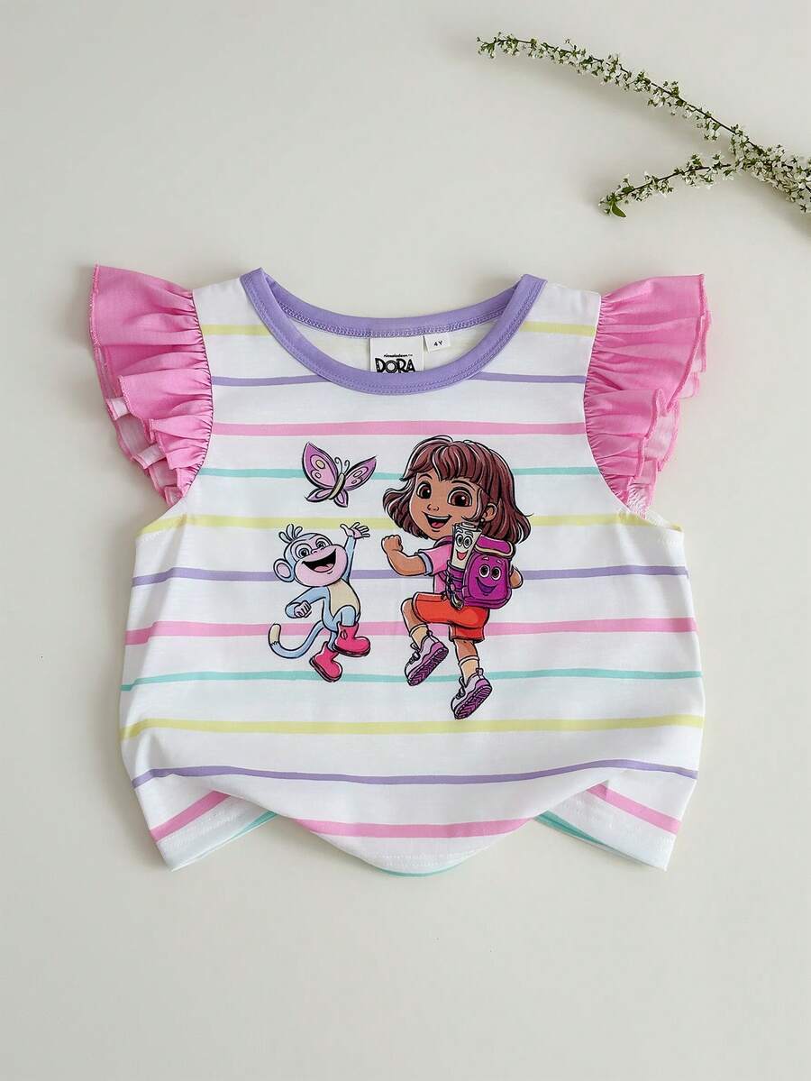 DORA | SHEIN Áo thun bé gái cổ tròn tay ngắn bèo nhún họa tiết kẻ sọc dễ thương, DORA - trắng - Xem 1