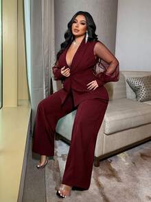 NU&NOW Commuting Design Sense Black Sheer Mesh Patchwork Plus Size Suit Set - Burgundy - View 3