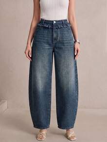 Anewsta Quần jeans nữ màu xanh denim bạc màu, kiểu dáng tối giản thời trang với viền bèo nhún, thích hợp cho mùa xuân/hè. - Rửa trung bình - Xem 3