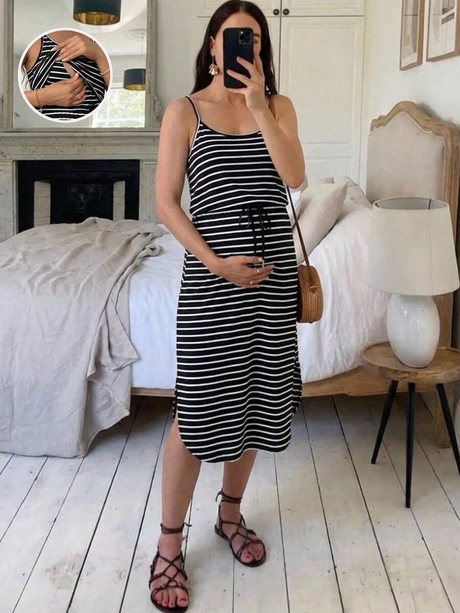 SHEIN 哺乳无袖条纹休闲舒适连衣裙 - 黑色 - 查看 1