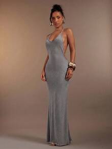 Hauture Vestido de verano con abertura y espalda descubierta acanalado y sexy para mujer - Gris - Ver 3
