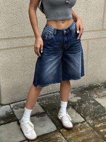 SHEIN EZwear Quần short denim rách gấu có túi dành cho nữ, phong cách đường phố. - Rửa tối - Xem 3