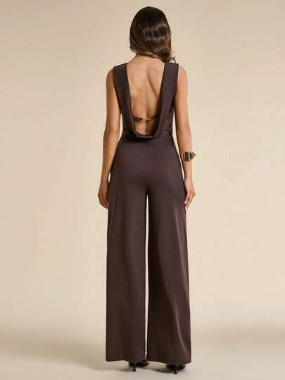 SHEIN BAE Women's Sexy & Elegant Backless Sleeveless Waist Cinching Wide Leg Jumpsuit