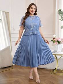 Reflora Abito da donna taglie forti con ricamo floreale plissettato casual per feste, abito estivo, abito per festival, abito da ospite di matrimonio, abito da laurea, abito da ballo elegante - Blu - Visualizzare 8