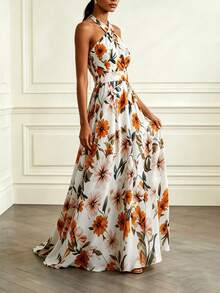 SHEIN Clasi Nuovo abito elegante da vacanza con motivo floreale, un abito estivo oversize con design alla halter senza maniche e uno stile chic. - Multicolore - Visualizzare 5