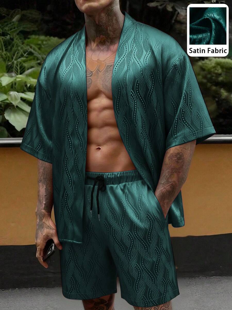 Manfinity RSRT Men's Summer Casual Beach Vacation Jacquard Loose Fit Shirt And Shorts Set - Dark Green - View 1